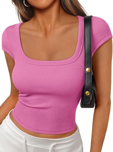 Trendy Queen Womens Square Neck Ribbed Basic Going Out Crop Tops Short Sleeve T Shirts Summer Clothes 2025 in Saudi Arabia