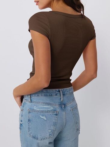 Trendy Queen Womens Square Neck Ribbed Basic Going Out Crop Tops Short Sleeve T Shirts Summer Clothes 2025 in Saudi Arabia