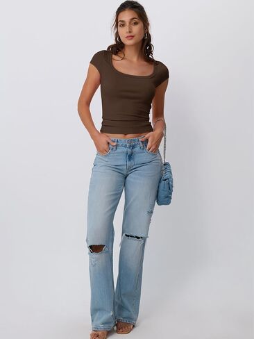 Trendy Queen Womens Square Neck Ribbed Basic Going Out Crop Tops Short Sleeve T Shirts Summer Clothes 2025 in Saudi Arabia