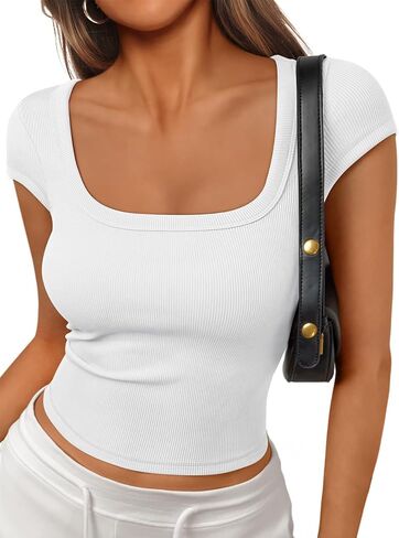 Trendy Queen Womens Square Neck Ribbed Basic Going Out Crop Tops Short Sleeve T Shirts Summer Clothes 2025 in Saudi Arabia