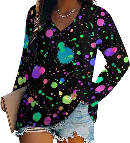 Glow in Dark Splatter Neon Long Sleeve Shirts for Women Fashion V Neck T-Shirt Women's Fall Tops in Saudi Arabia