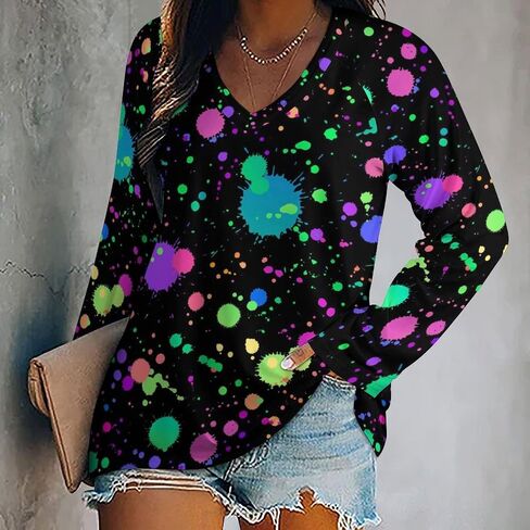 Glow in Dark Splatter Neon Long Sleeve Shirts for Women Fashion V Neck T-Shirt Women's Fall Tops in Saudi Arabia