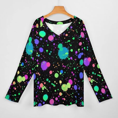 Glow in Dark Splatter Neon Long Sleeve Shirts for Women Fashion V Neck T-Shirt Women's Fall Tops in Saudi Arabia