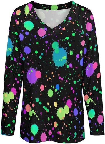 Glow in Dark Splatter Neon Long Sleeve Shirts for Women Fashion V Neck T-Shirt Women's Fall Tops in Saudi Arabia