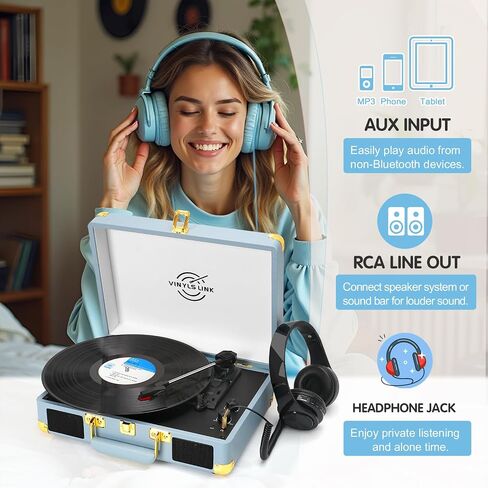 Vinyl Record Player with Treble & Bass Gain Vintage 3-Speed Bluetooth Suitcase Portable LP Turntable Player with Built-in Speaker, 33 45 78RPM, Belt Drive, Auto Stop, RCA/AUX/Headphone Jack, Khaki in Saudi Arabia