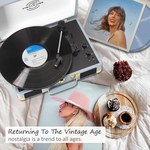 Vinyl Record Player with Treble & Bass Gain Vintage 3-Speed Bluetooth Suitcase Portable LP Turntable Player with Built-in Speaker, 33 45 78RPM, Belt Drive, Auto Stop, RCA/AUX/Headphone Jack, Khaki in Saudi Arabia