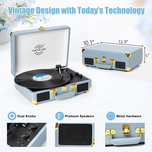 Vinyl Record Player with Treble & Bass Gain Vintage 3-Speed Bluetooth Suitcase Portable LP Turntable Player with Built-in Speaker, 33 45 78RPM, Belt Drive, Auto Stop, RCA/AUX/Headphone Jack, Khaki in Saudi Arabia