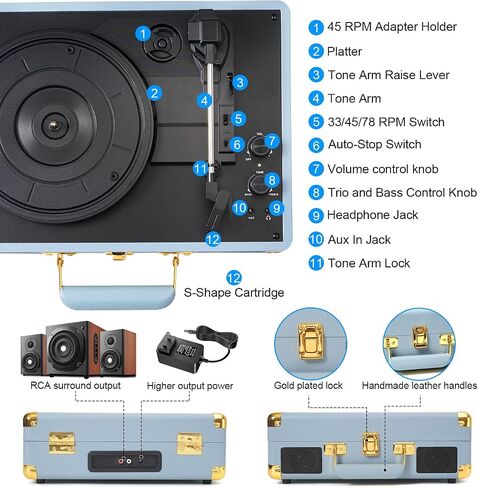 Vinyl Record Player with Treble & Bass Gain Vintage 3-Speed Bluetooth Suitcase Portable LP Turntable Player with Built-in Speaker, 33 45 78RPM, Belt Drive, Auto Stop, RCA/AUX/Headphone Jack, Khaki in Saudi Arabia