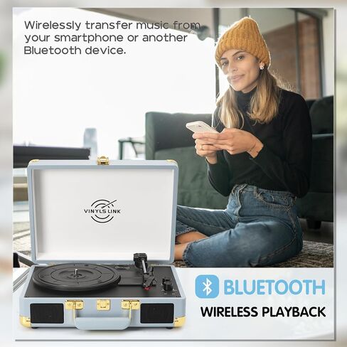 Vinyl Record Player with Treble & Bass Gain Vintage 3-Speed Bluetooth Suitcase Portable LP Turntable Player with Built-in Speaker, 33 45 78RPM, Belt Drive, Auto Stop, RCA/AUX/Headphone Jack, Khaki in Saudi Arabia