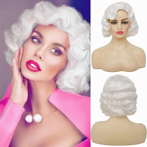 Swiking Short White Curly Finger Wave Wigs for Women 1920s Wig Vintage Synthetic Cosplay Costume Full Wig (White) in Kuwait