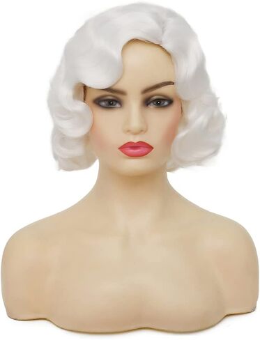 Swiking Short White Curly Finger Wave Wigs for Women 1920s Wig Vintage Synthetic Cosplay Costume Full Wig (White) in Kuwait