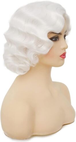 Swiking Short White Curly Finger Wave Wigs for Women 1920s Wig Vintage Synthetic Cosplay Costume Full Wig (White) in Kuwait
