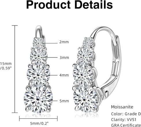 4 Stone Moissanite Hoop Earrings, 925 Sterling Silver Hypoallergenic Leverback Drop Earrings for Women, D Color VVS1 Lab Created Diamond Round Cut Jewelry Gifts in Kuwait