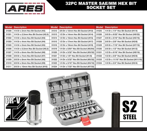 ARES 31030 – 32-Piece Master SAE and Metric Hex Bit Socket Set – 1/4-Inch, 3/8-Inch, and 1/2-Inch Drive Hex Bit Sockets Feature Knurled Drive Ends – Includes Durable Latching Storage Case in Saudi Arabia