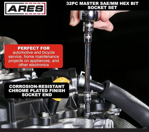 ARES 31030 – 32-Piece Master SAE and Metric Hex Bit Socket Set – 1/4-Inch, 3/8-Inch, and 1/2-Inch Drive Hex Bit Sockets Feature Knurled Drive Ends – Includes Durable Latching Storage Case in Saudi Arabia