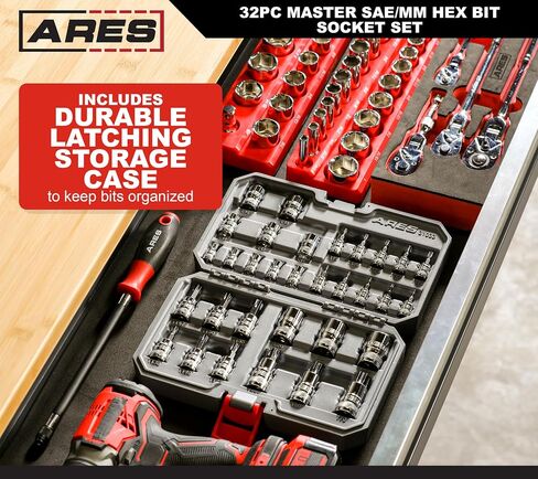 ARES 31030 – 32-Piece Master SAE and Metric Hex Bit Socket Set – 1/4-Inch, 3/8-Inch, and 1/2-Inch Drive Hex Bit Sockets Feature Knurled Drive Ends – Includes Durable Latching Storage Case in Saudi Arabia
