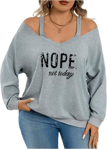 Women's Plus Size Graphic Sweatshirts Cut Out V Neck Long Sleeve Pullovers Drop Shoulder Fall Tops in Saudi Arabia