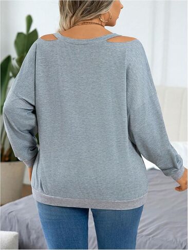 Women's Plus Size Graphic Sweatshirts Cut Out V Neck Long Sleeve Pullovers Drop Shoulder Fall Tops in Saudi Arabia