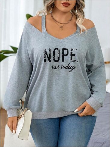 Women's Plus Size Graphic Sweatshirts Cut Out V Neck Long Sleeve Pullovers Drop Shoulder Fall Tops in Saudi Arabia