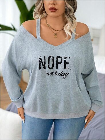 Women's Plus Size Graphic Sweatshirts Cut Out V Neck Long Sleeve Pullovers Drop Shoulder Fall Tops in Saudi Arabia