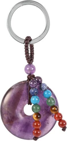 Amogeeli Donut-Shaped Crystal Keychain with 7 Chakra Stone Beads Tassels, Healing Stone Keyring for Women Men in Kuwait