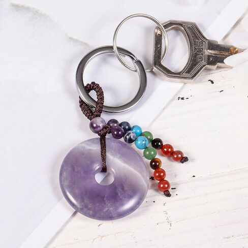 Amogeeli Donut-Shaped Crystal Keychain with 7 Chakra Stone Beads Tassels, Healing Stone Keyring for Women Men in Kuwait
