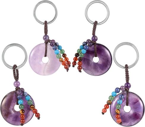 Amogeeli Donut-Shaped Crystal Keychain with 7 Chakra Stone Beads Tassels, Healing Stone Keyring for Women Men in Kuwait