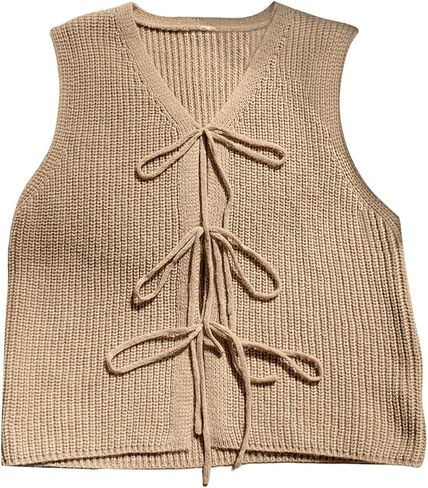 Women's Plus Size Tie Front Sweater Vest Sleeveless V Neck Knit Cardigan Vest Top Fall Outerwear in Saudi Arabia
