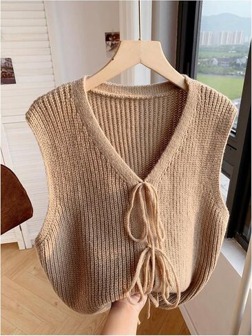 Women's Plus Size Tie Front Sweater Vest Sleeveless V Neck Knit Cardigan Vest Top Fall Outerwear in Saudi Arabia