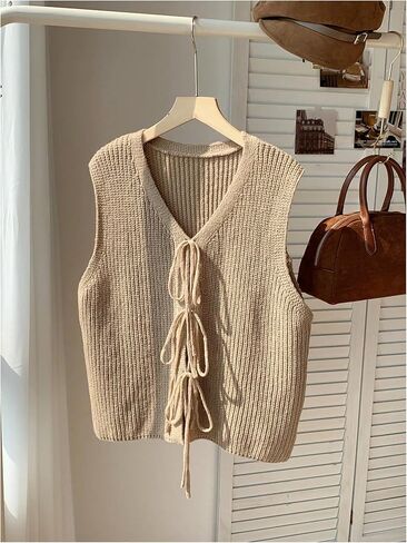 Women's Plus Size Tie Front Sweater Vest Sleeveless V Neck Knit Cardigan Vest Top Fall Outerwear in Saudi Arabia