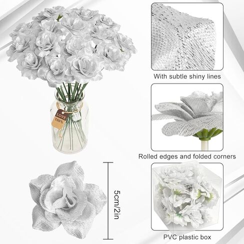 Silver Artificial Flowers 36 Pieces Silver Silk Flowers Silver Roses Artificial Flowers for DIY Decor Cake Wristband Clothes Headwear in Saudi Arabia