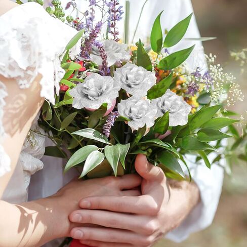 Silver Artificial Flowers 36 Pieces Silver Silk Flowers Silver Roses Artificial Flowers for DIY Decor Cake Wristband Clothes Headwear in Kuwait