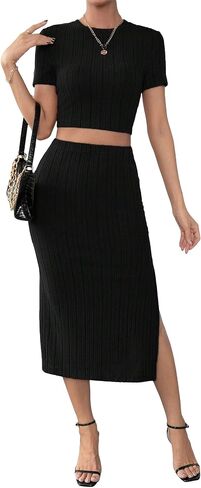 Floerns Women's 2 Piece Outfit Rib Knit Crop Top Tee with Slit Hem Skirt Set in Saudi Arabia