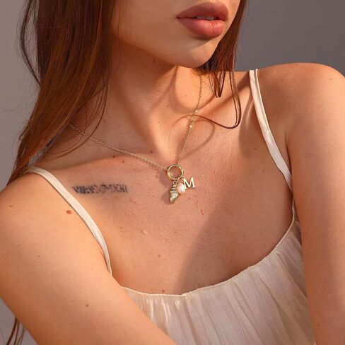 Charm Necklace for Women, 14K Gold Plated Dainty Conch Initial Necklace Gold Pearl Necklace Personalized Gold Jewelry for Women in Kuwait