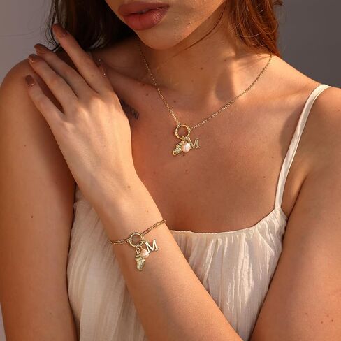 Charm Necklace for Women, 14K Gold Plated Dainty Conch Initial Necklace Gold Pearl Necklace Personalized Gold Jewelry for Women in Kuwait
