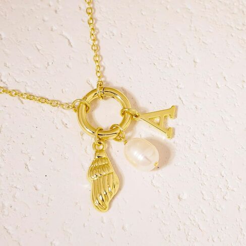 Charm Necklace for Women, 14K Gold Plated Dainty Conch Initial Necklace Gold Pearl Necklace Personalized Gold Jewelry for Women in Kuwait