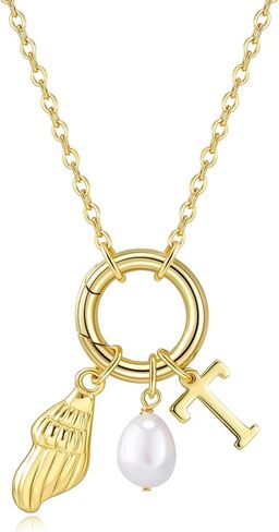 Charm Necklace for Women, 14K Gold Plated Dainty Conch Initial Necklace Gold Pearl Necklace Personalized Gold Jewelry for Women in Kuwait