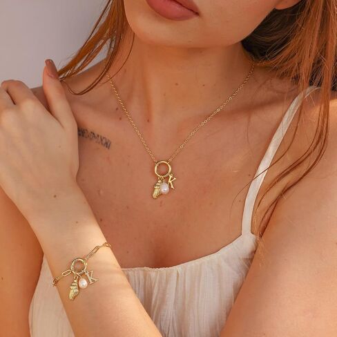 Charm Necklace for Women, 14K Gold Plated Dainty Conch Initial Necklace Gold Pearl Necklace Personalized Gold Jewelry for Women in Kuwait