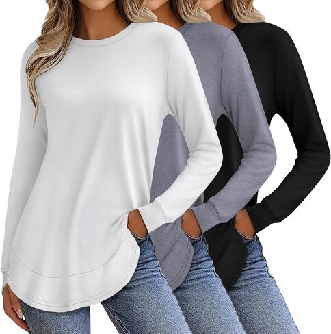 3 Pack Women's Long Sleeve Shirts, Crew Neck Fall Casual Basic Loose Fit Tunic Tops Side Split Curved Hem in Saudi Arabia