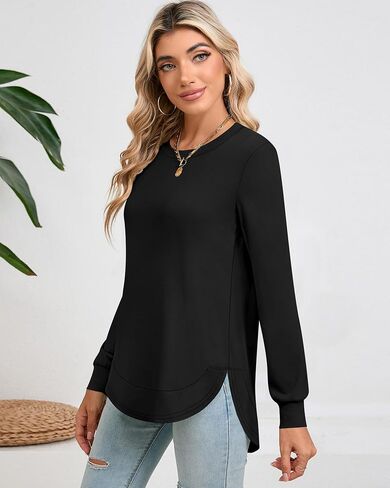 3 Pack Women's Long Sleeve Shirts, Crew Neck Fall Casual Basic Loose Fit Tunic Tops Side Split Curved Hem in Saudi Arabia