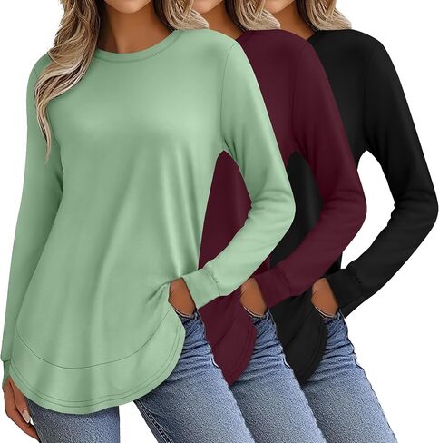 3 Pack Women's Long Sleeve Shirts, Crew Neck Fall Casual Basic Loose Fit Tunic Tops Side Split Curved Hem in Saudi Arabia