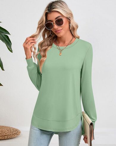 3 Pack Women's Long Sleeve Shirts, Crew Neck Fall Casual Basic Loose Fit Tunic Tops Side Split Curved Hem in Saudi Arabia