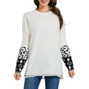 hathne Plus Size Sweaters Pullover for Women Leopard Printed Cuff Casual Long Sleeve Knit Tops