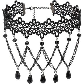 Dreuyet Sexy Black Lace Necklace for Women Elegant Vintage Goth Style Lace Choker Necklace Handmade Steampunk Black Crystal Tassel Vampire Chain Necklace Halloween Party Costume