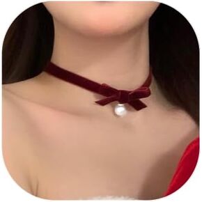 Wine Red Ribbon Bow Choker Christmas and New Year Choker Love Pearl Lovely Bow Knot Necklace Christmas Accessories for Women