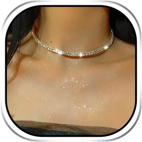 JEAIRTS Rhinestone Choker Necklace Silver Sparkly Rhinestone Multi-Row Necklaces Chain Bling Crystal Chokers Fashion Minimalist Party Prom Jewelry Accessories for Women