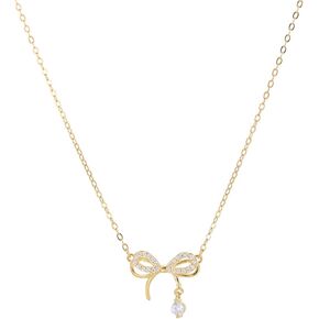 Bow Necklace Gold 925 Sterling Sliver Bowknot Choker Necklace 14K Gold Plated Cubic Zirconia Dainty Pendant Mothers Day Gifts for Women Mom with 16+2inch Sliver Chain