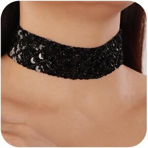 Wiwpar Rhinestone Choker Necklace Shiny Chunky Wide Sexy Lace Velvet Short Collar Necklace Wide Thick Velvet Choker Necklace Nightclub Party Halloween Costume Jewelry for Women (Style2)
