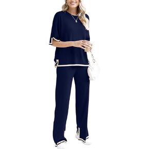 DB MOON Womens 2 Piece Outfits Lounge Sets Knit Set Short Sleeve Loungewear L
