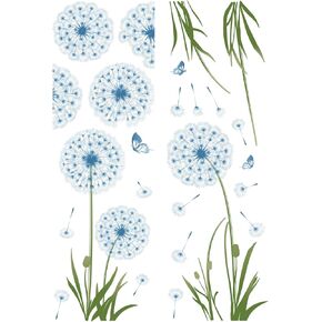 PLIGREAT 2 Sheets Blue Dandelion Window Clings Butterfly Window Sticker Removable DIY Creative Self-Adhesive Decals for Bedroom Home Kitchen Window Sliding Glass Door Decor